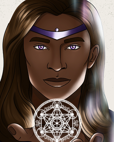 Representação artística do Arcanjo Metatron, com olhos violetas, segurando uma forma geométrica sagrada resplandecente e usando um manto roxo.