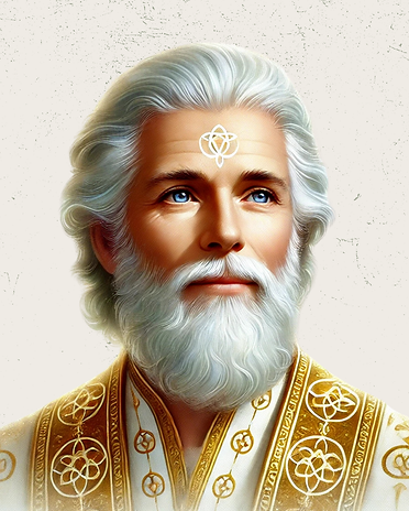 Melquisedeque representado com uma barba branca, olhos azuis radiantes e vestes douradas intricadas adornadas com padrões geométricos sagrados.