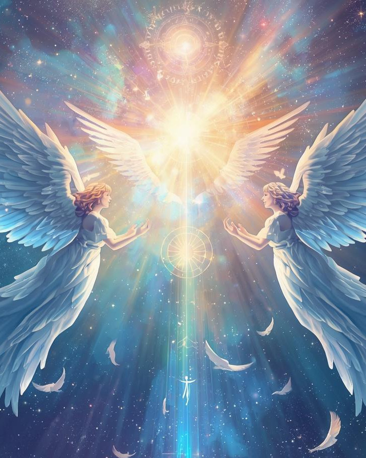 Heavenly angels, divine signs, floating white feathers, spiritual elements, and me