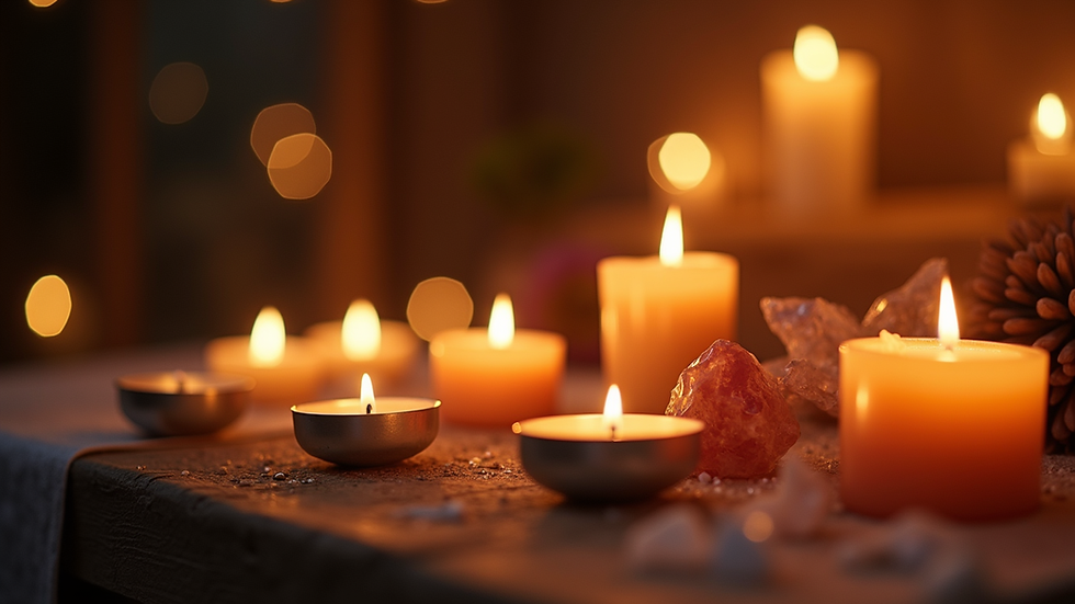 Plano detalle de un altar espiritual con velas encendidas y cristales