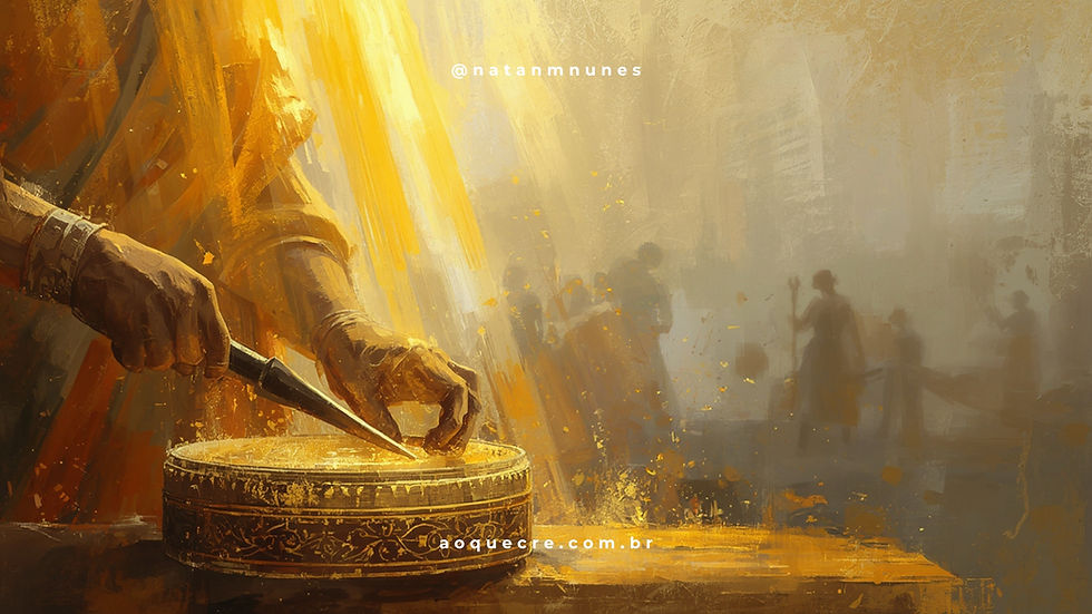 "Pintura detalhada das mãos de um artesão bíblico (Bezalel) moldando com ferramentas de precisão um detalhe em ouro para o candelabro sagrado (Menorah). Raios de luz divina iluminam seu trabalho. Ao fundo, a estrutura do Tabernáculo está em construção. A imagem simboliza a excelência consagrada e o talento humano usado para a obra de Deus.