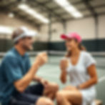 two tennis players with different gender drinking coffee and chat in an indoor tennis court.jpg