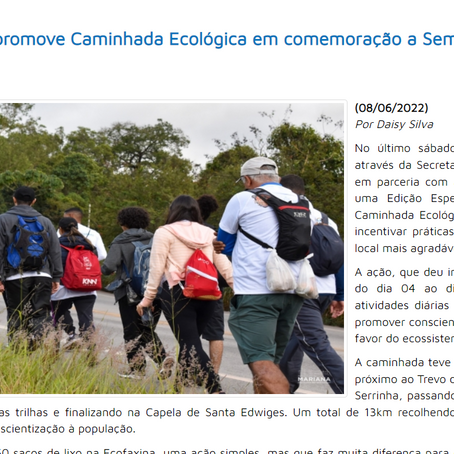 Mariana-MG: Prefeitura promove Caminhada Ecológica em comemoração a Semana do Meio Ambiente