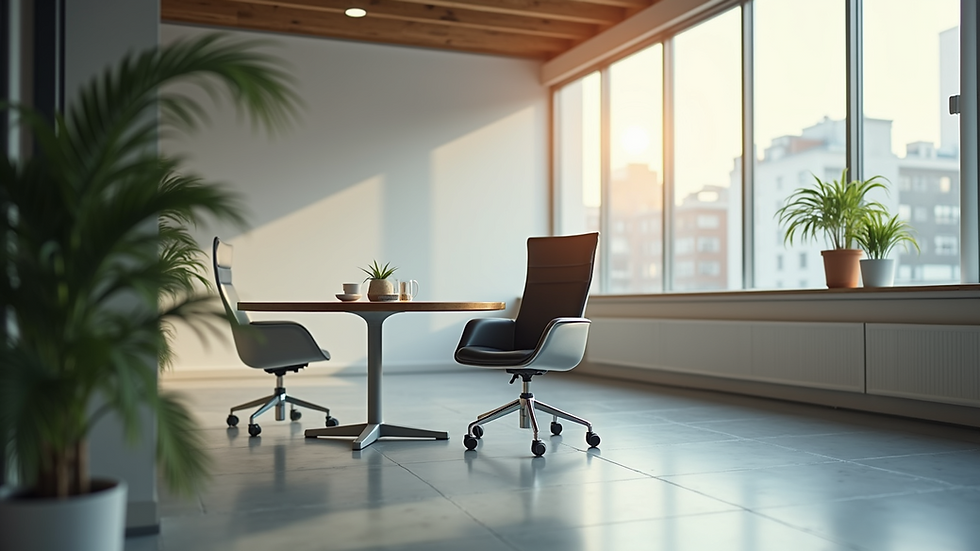 Eye-level view of a modern office meeting room with a single chair and a round table