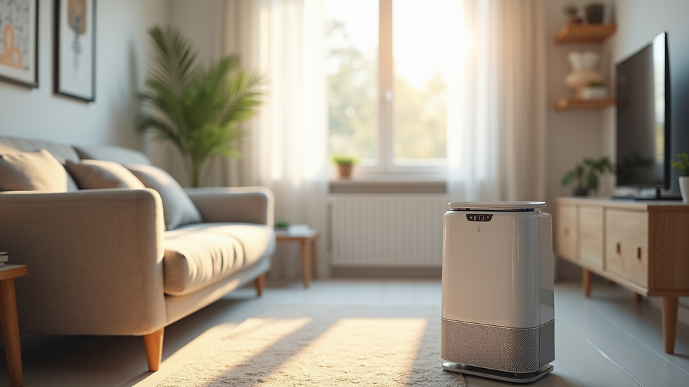 Close-up view of a modern air purifier in a bright living room