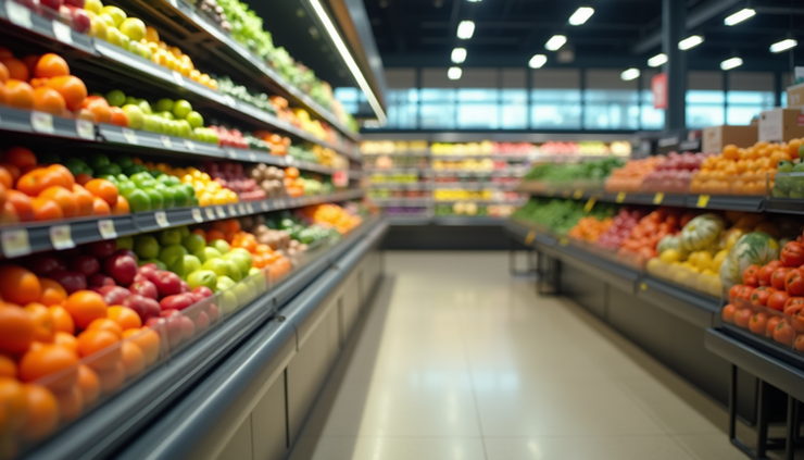 Eye-level view of a grocery store aisle with colorful fresh produce neatly arranged