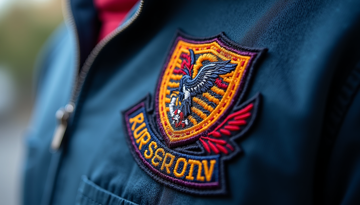 Close-up view of custom embroidered school logo on a jacket