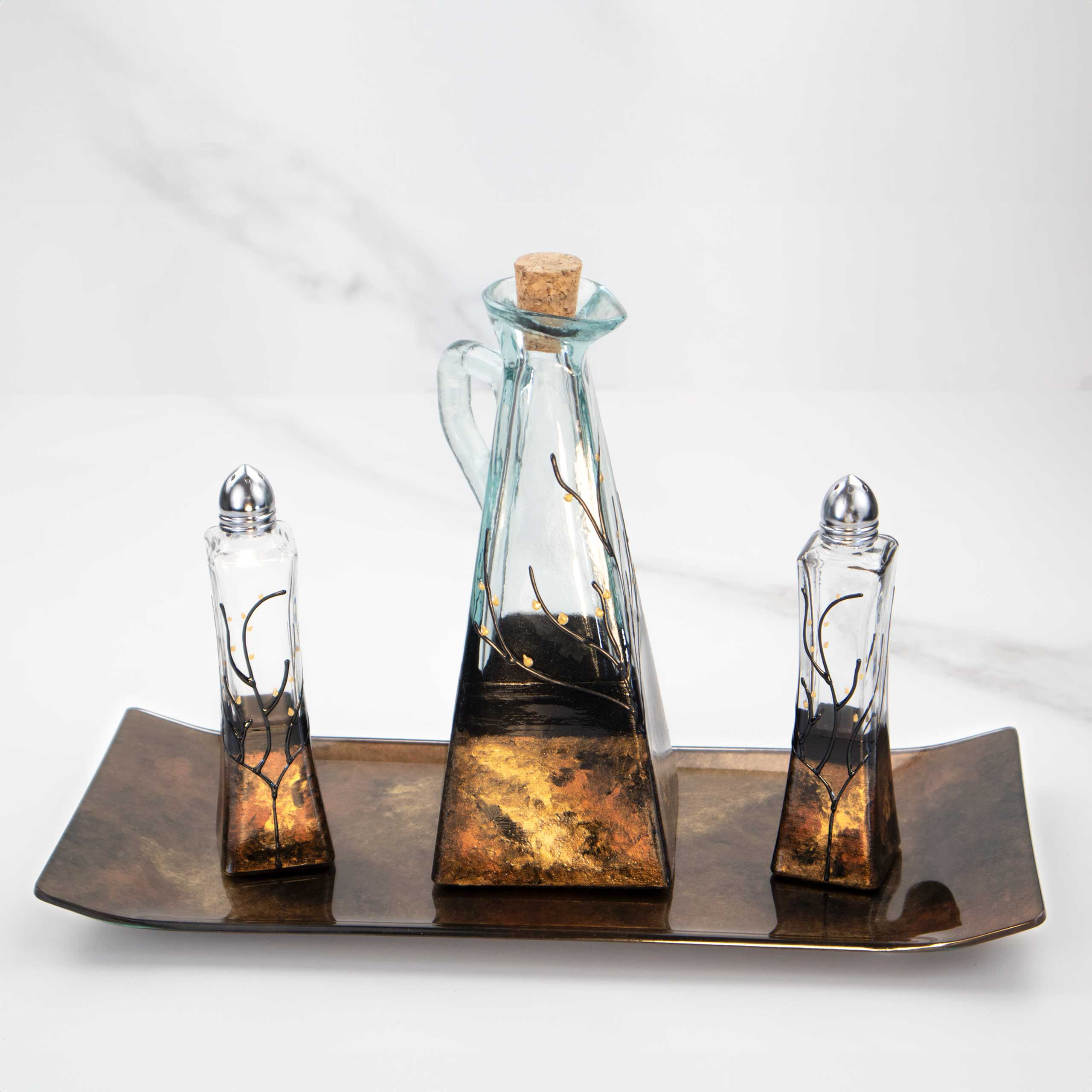 Saltshakers, Oil and Tray Set - In Worm Glow of Copper and Gold