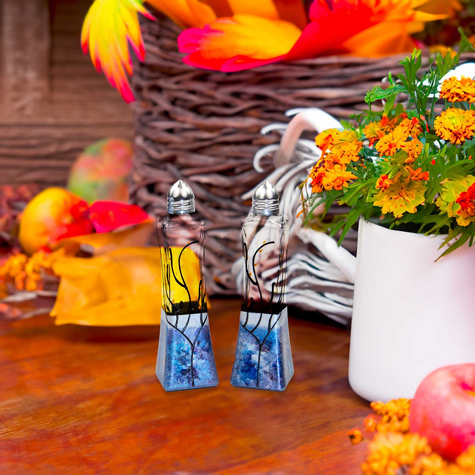 Thumbnail: Majestic Autumn Salt Shakers in Rich Blue, Silver, and Purple