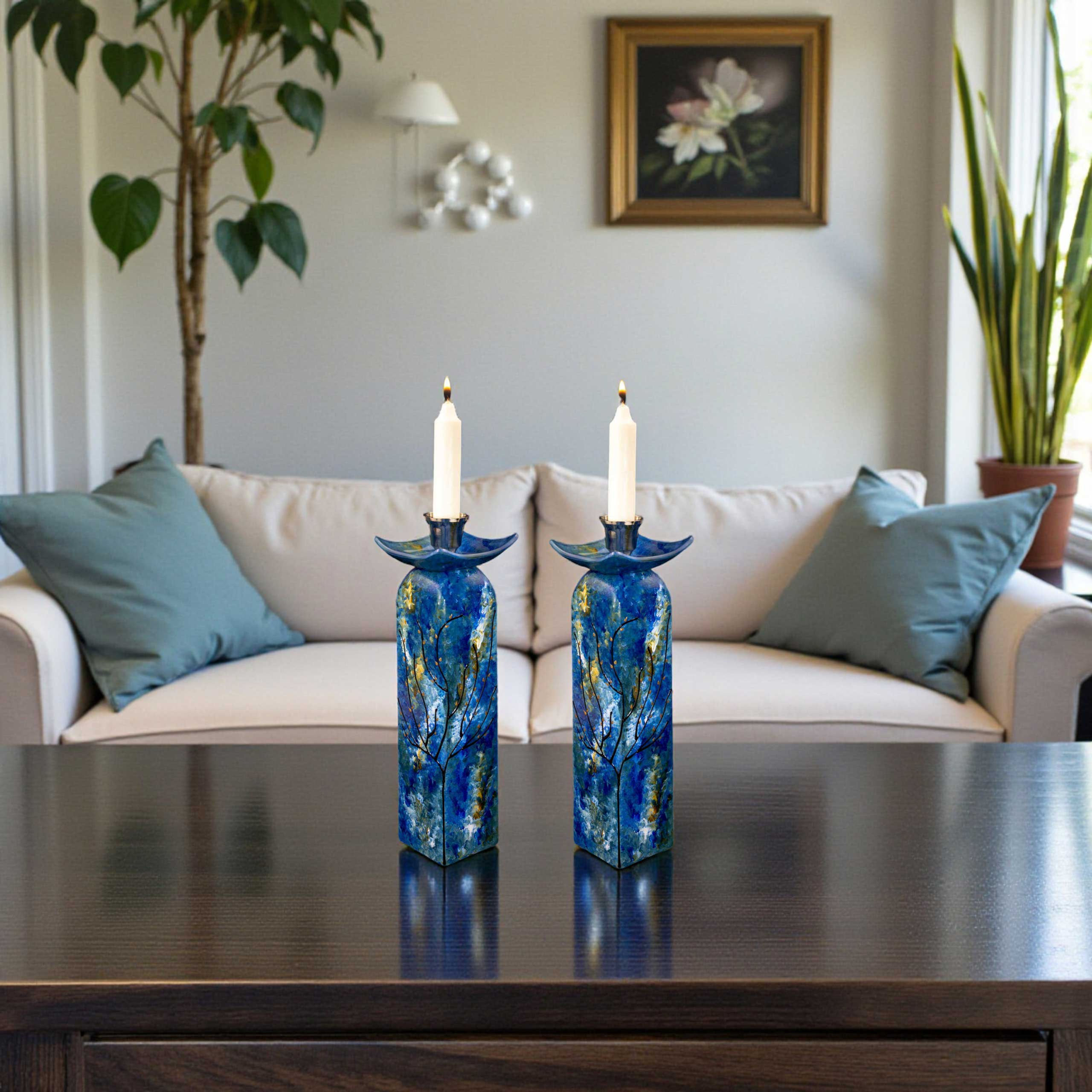 Art Deco Pagoda Style Candle Holders Set - In Blue Ocean Tones