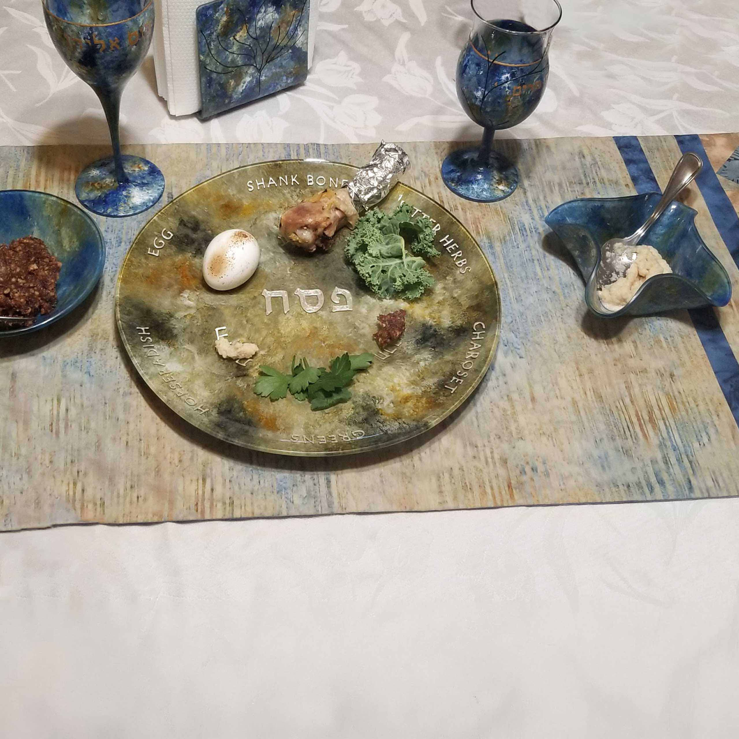 Passover Seder Plate with Cup Indentations - In Earthy Green Tones