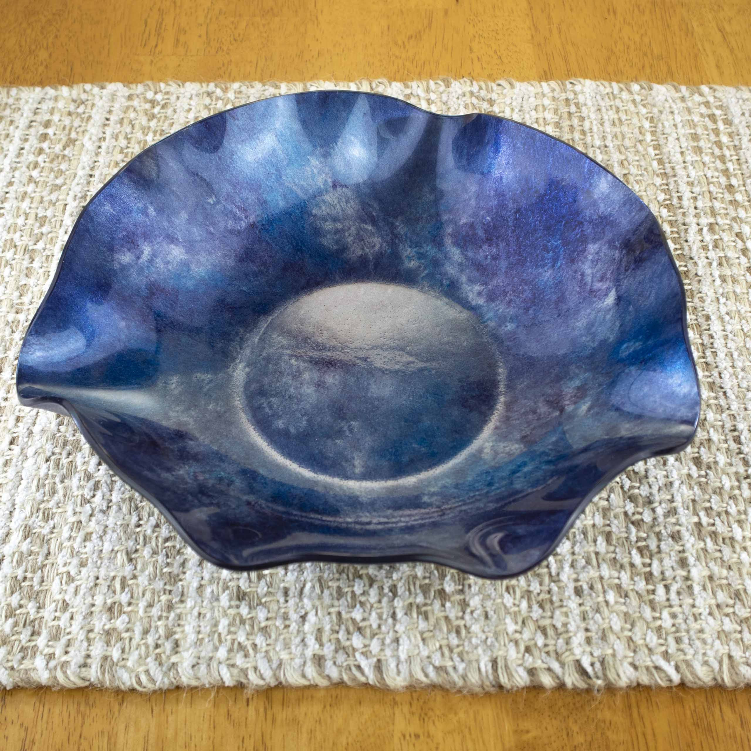 Large Glass Centerpiece Bowl - In Majestic Blue Silver Purple Colors