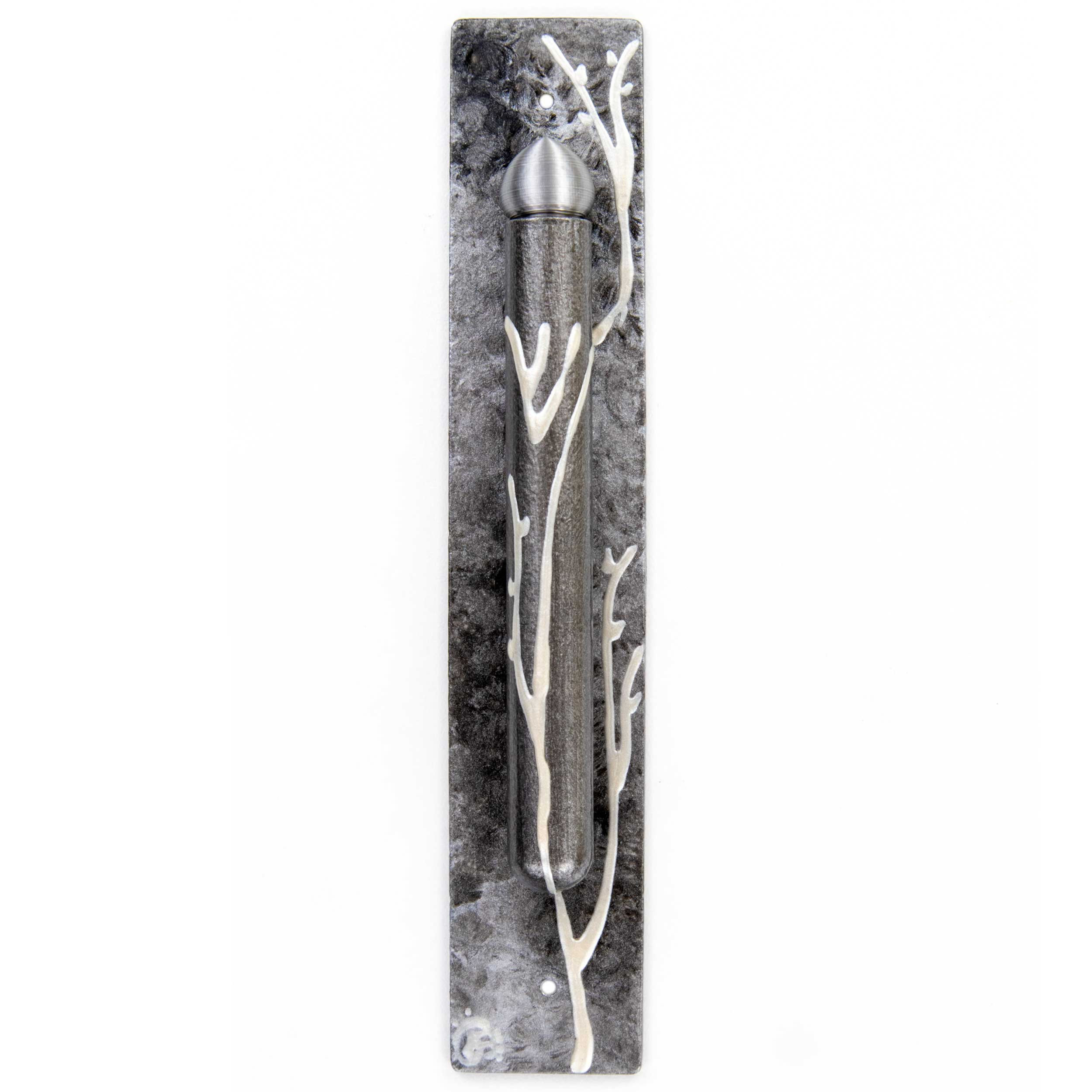 Tree of Life Mezuzah with Silver Top - In Modern Shades of Gray