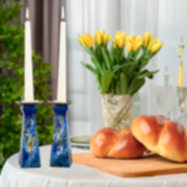 Impressionist Shabbat Candle Holders in Blue Ocean Tones