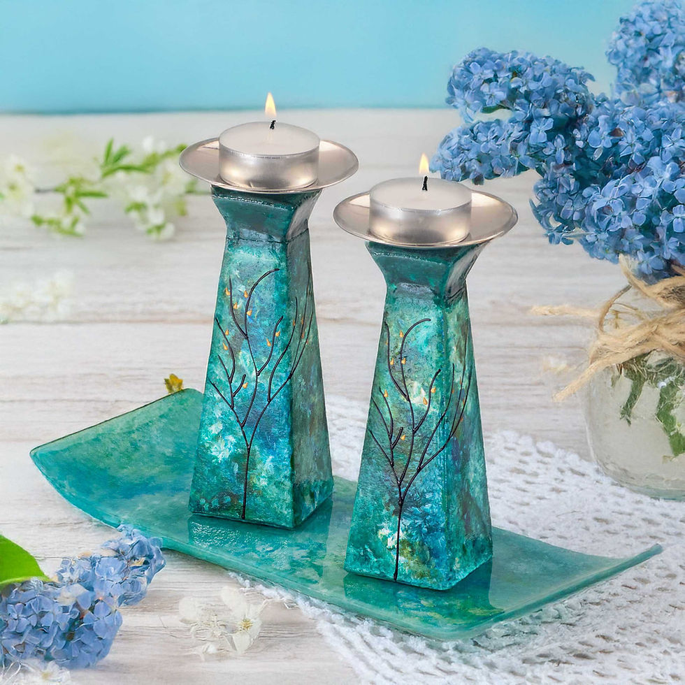 Emerald Wave Candle Holders with Matching Tray Set - Elegant Home Decor