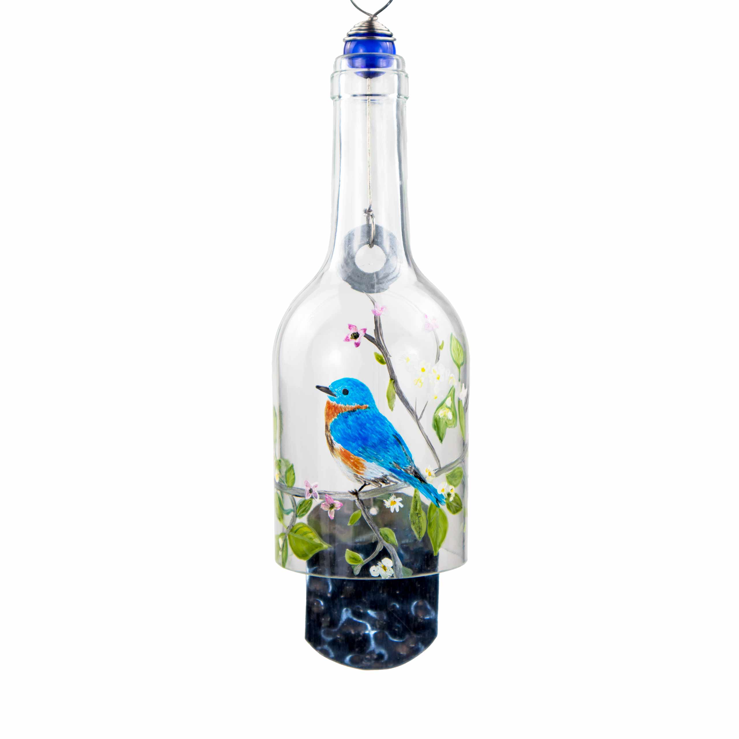 The image shows a handcrafted Bluebird glass wind chime in a sharp square shape