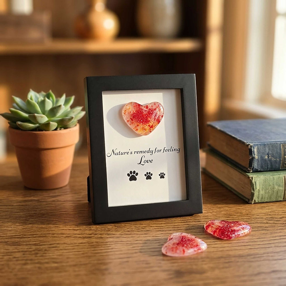 Black frame with fused glass heart reading Nature's Remedy for Feeling Love on a desk with books and a succulent