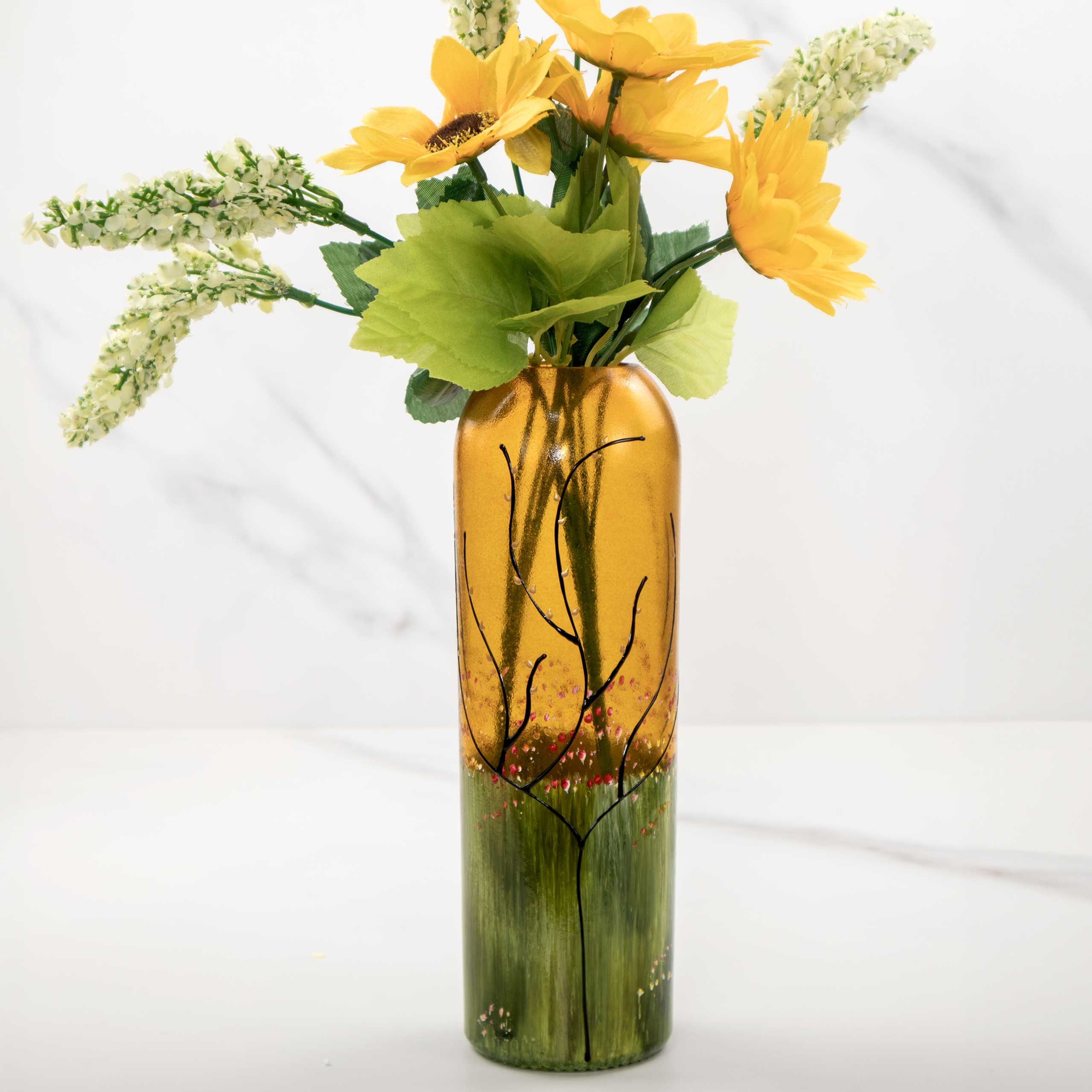 Honey Yellow Vase with Green Grass and Flowers