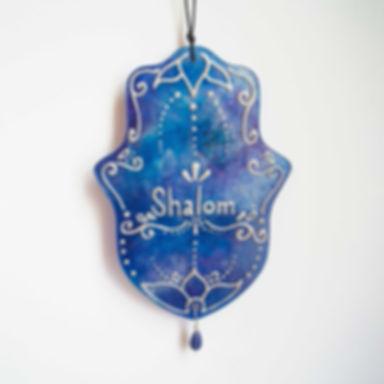 Large Hamsa In Purple Blue and Silver Colors With Shalom