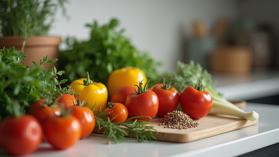 Close-up view of fresh organic ingredients on a kitchen counter