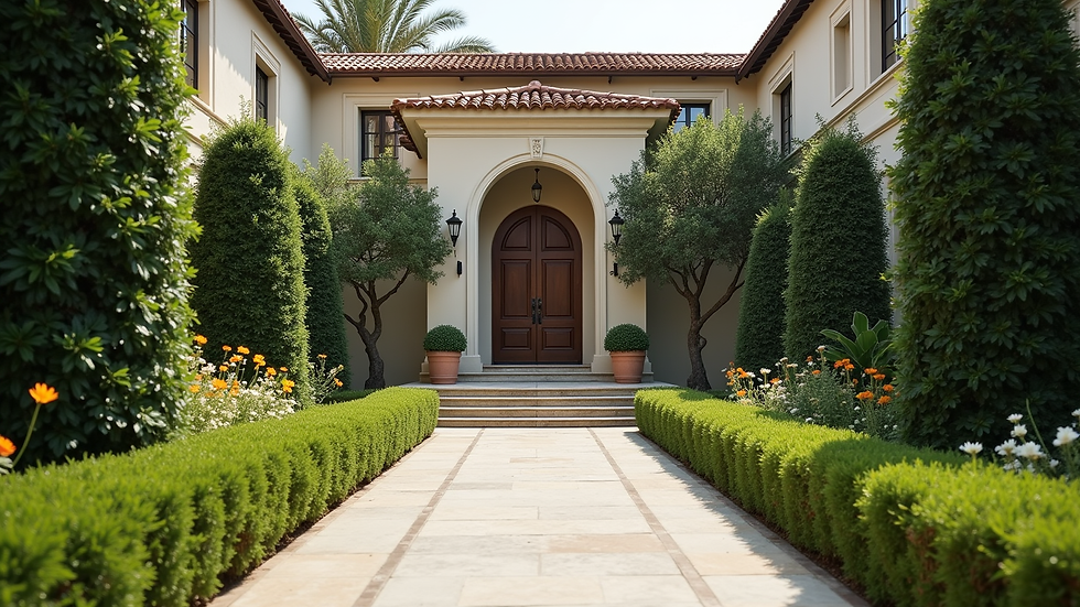 Eye-level view of a luxury estate entrance with manicured gardens