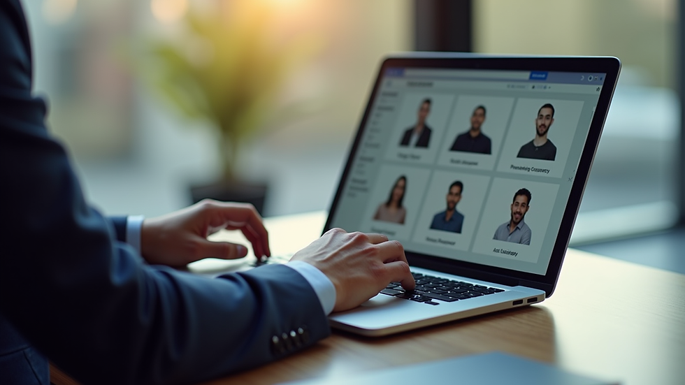 Close-up view of a recruiter reviewing candidate profiles on a laptop