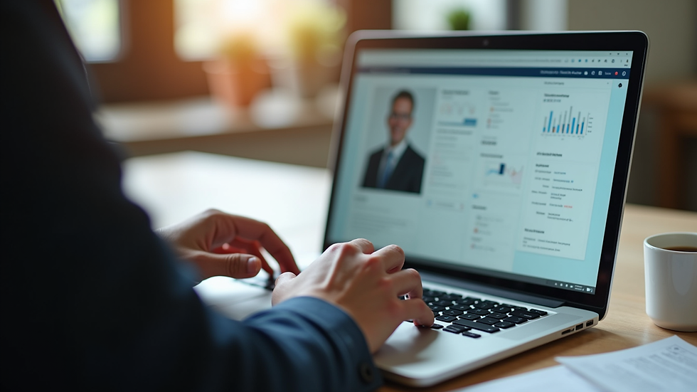 Close-up view of a recruiter reviewing candidate profiles on a laptop