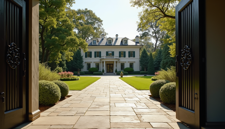 Eye-level view of a luxury estate's main entrance with manicured gardens