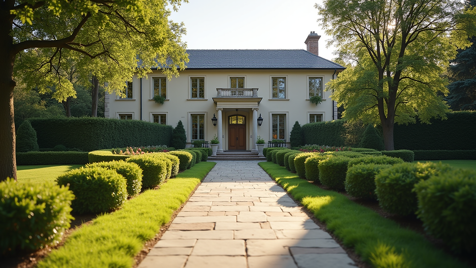 Close-up view of a luxury estate with manicured gardens and a grand entrance