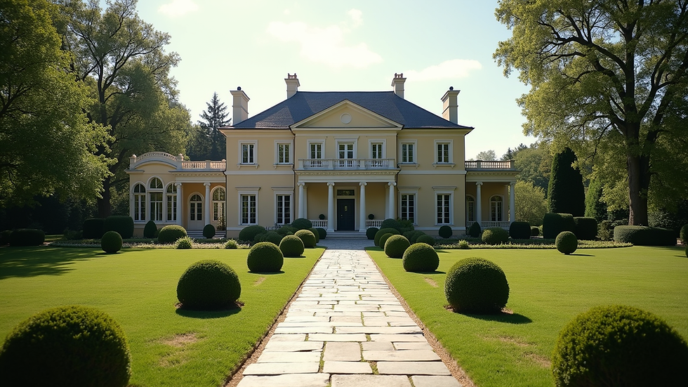 Eye-level view of a luxury estate mansion with manicured gardens