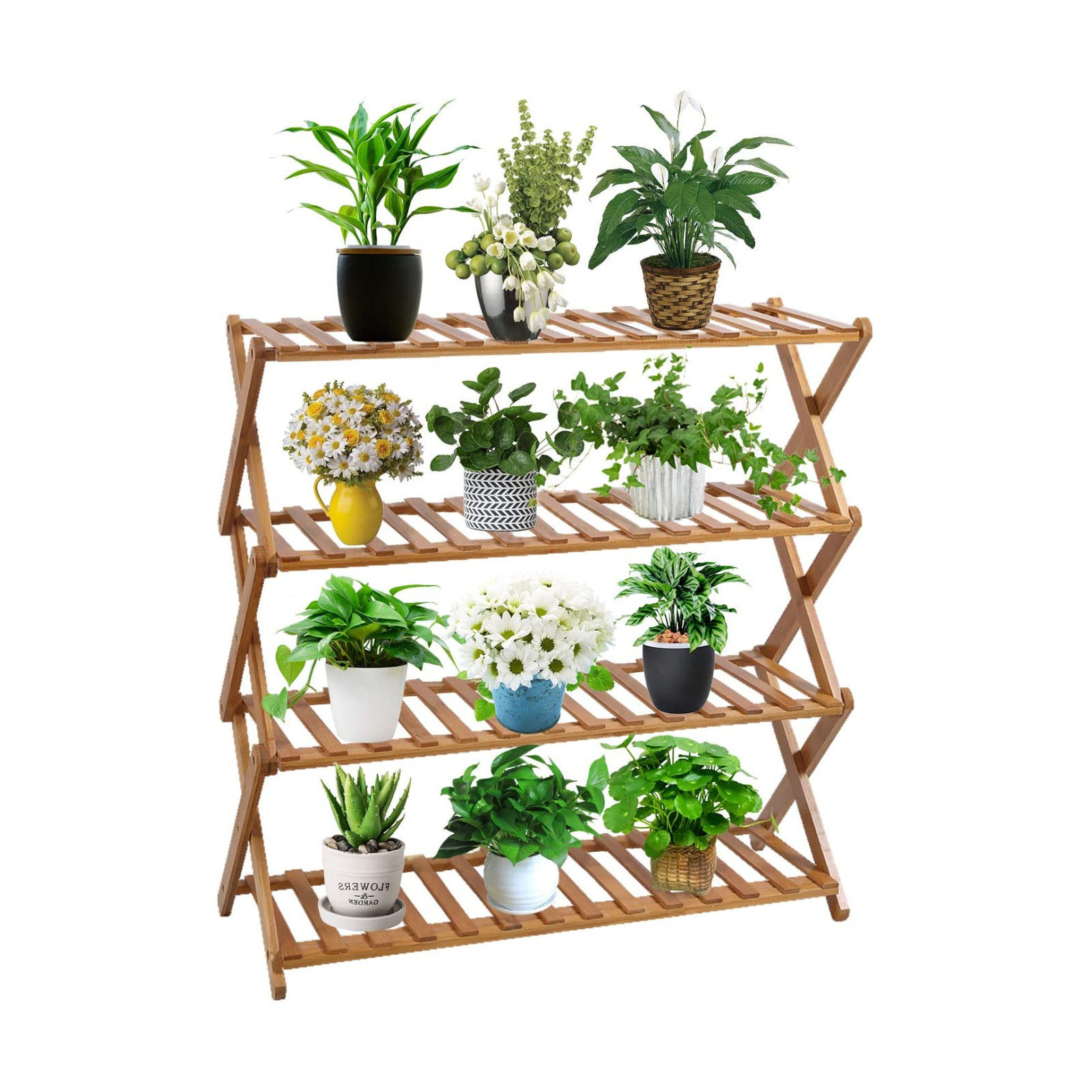 4 Tier Folding Bamboo Flower Pots Plant Display Stand