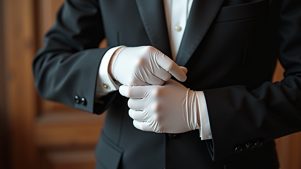 Close-up view of a butler’s polished uniform and white gloves