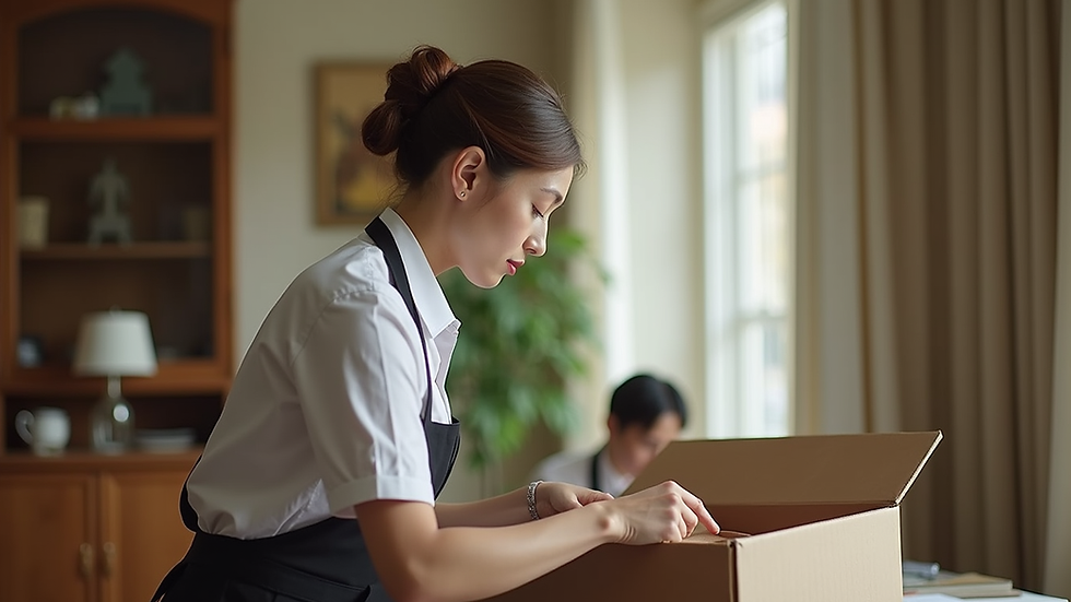 Close-up view of a private staff member organizing a luxury estate’s interior