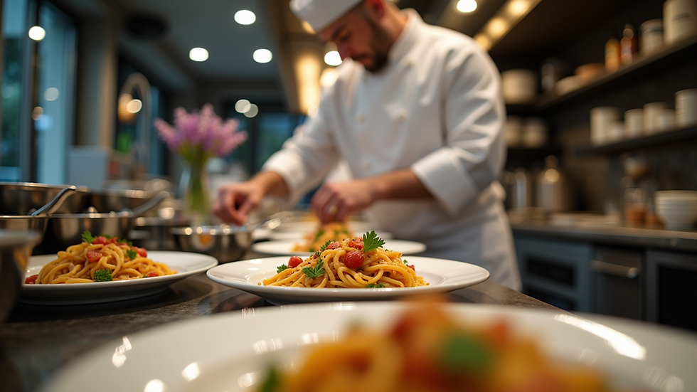 Eye-level view of a luxury kitchen with a chef preparing gourmet dishes