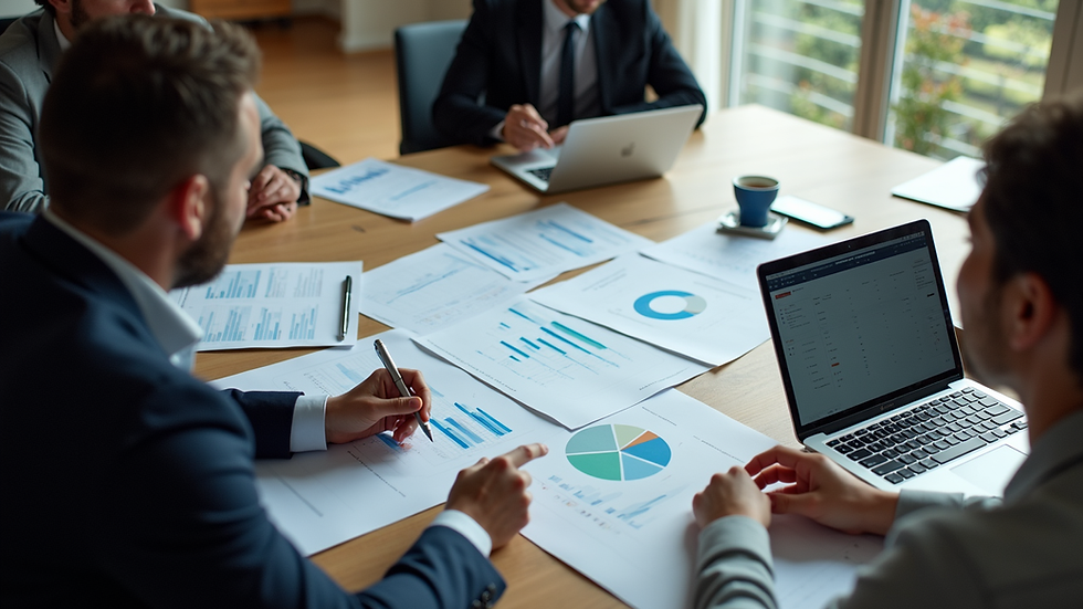 High angle view of a business meeting with charts and laptops on the table