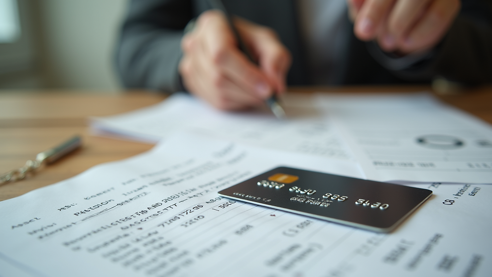 Close-up view of a credit card and shopping receipts on a table