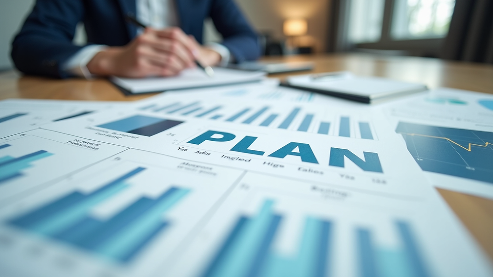 Close-up view of a business plan document with financial charts and notes on a desk