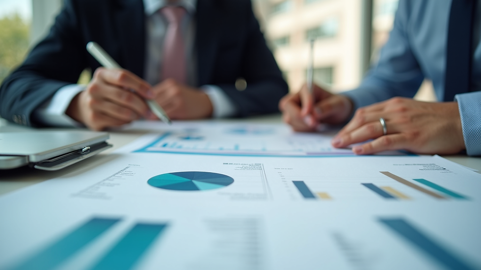 Close-up view of a financial consultant reviewing charts and graphs with a small business owner