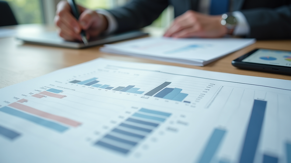 Close-up view of a business plan document with charts and notes on a desk