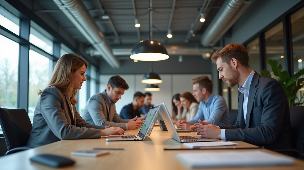 Eye-level view of a modern office space with entrepreneurs collaborating
