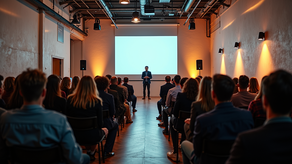 High angle view of a startup pitch event in a Philadelphia incubator