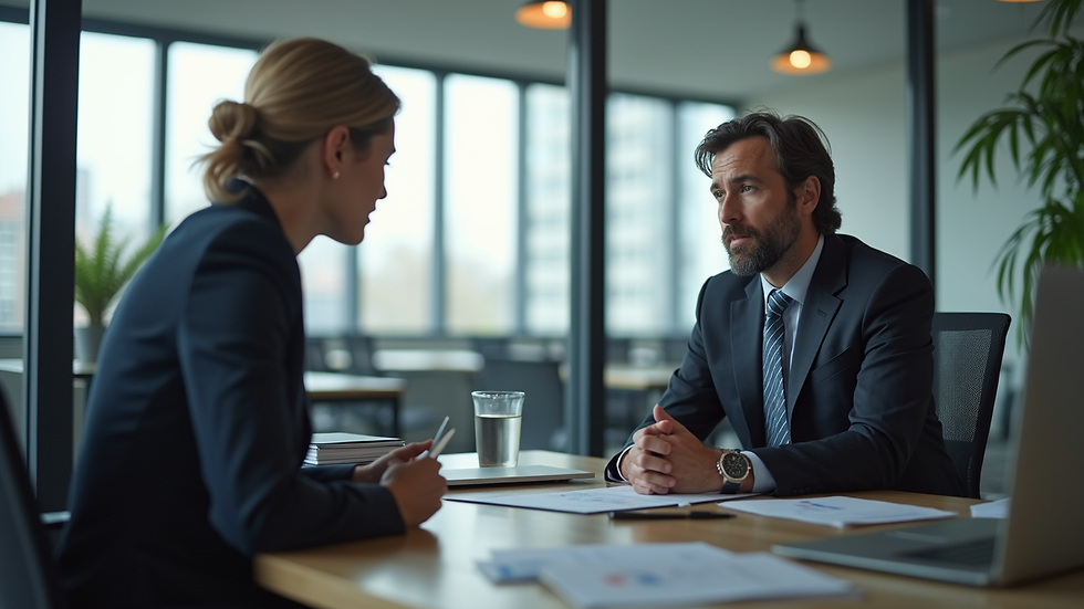 Eye-level view of a business consultant discussing strategy with a client in an office