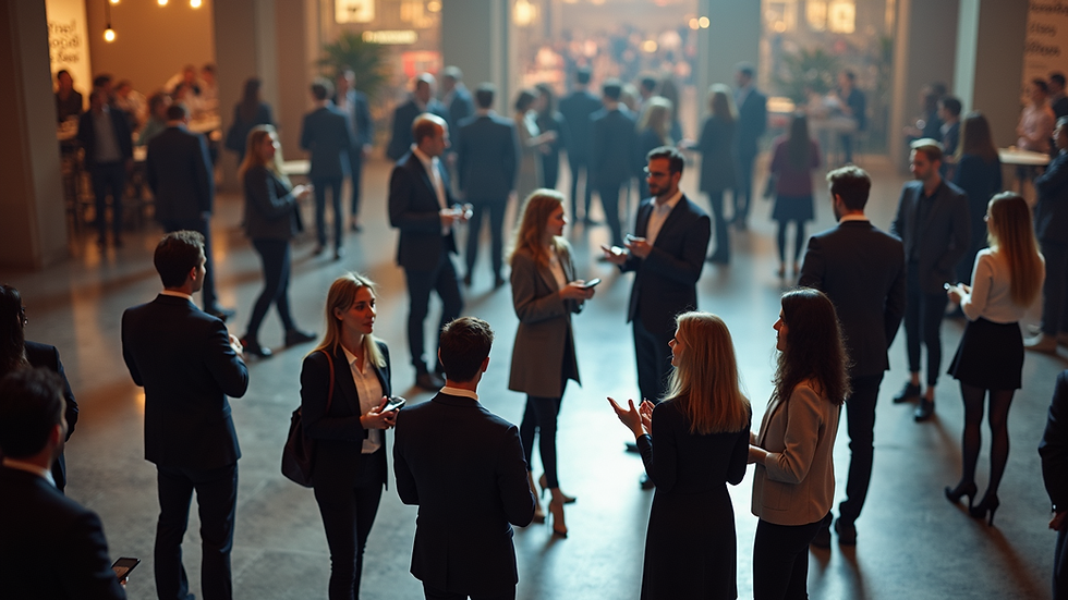 High angle view of a networking event with small groups of people chatting