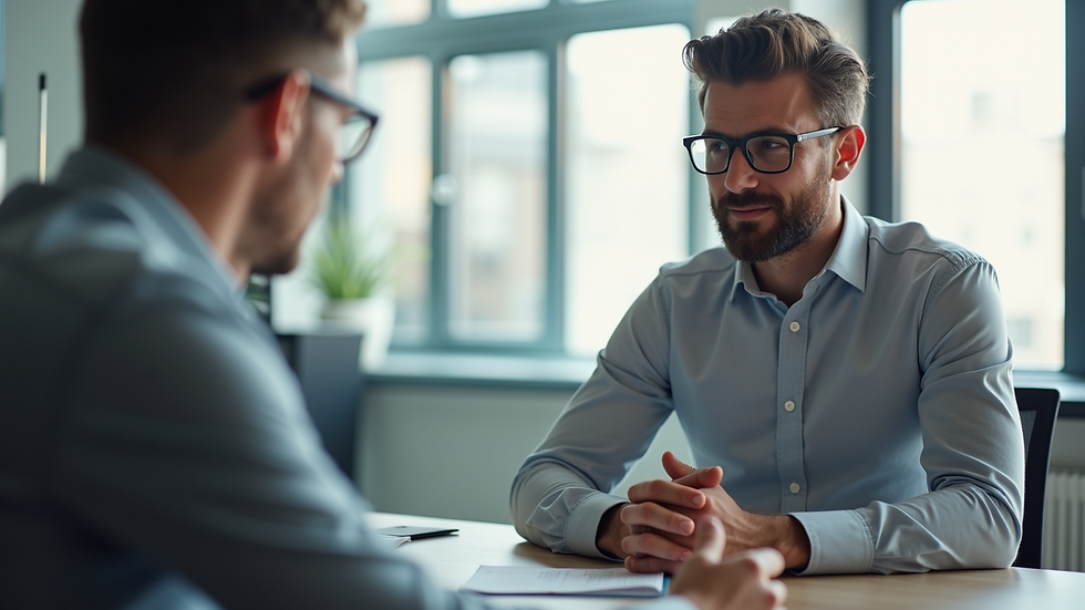 Close-up view of a mentor advising a startup founder in a bright office