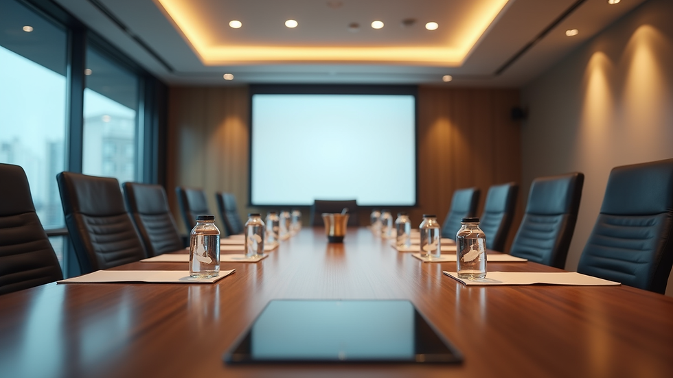 Eye-level view of a modern conference room set up for a business networking event