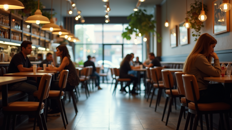 Eye-level view of a modern cafe interior with customers enjoying their time
