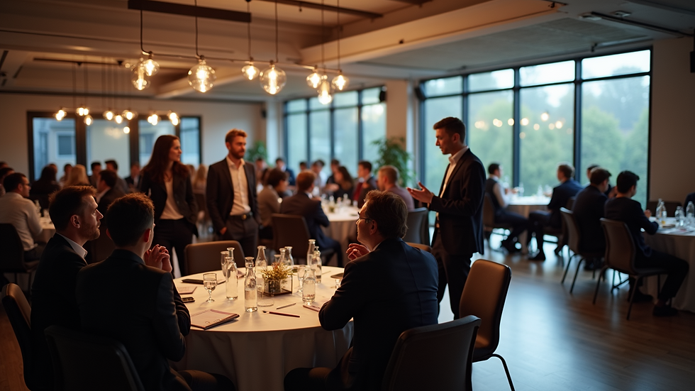 High angle view of a business networking event with entrepreneurs exchanging ideas