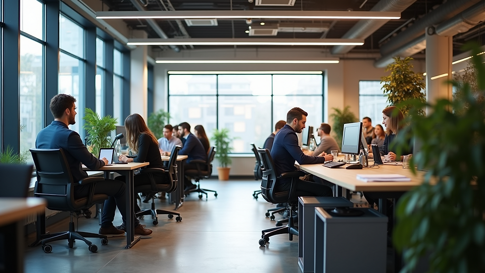 Eye-level view of modern co-working space with startup teams collaborating