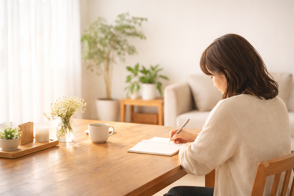 明るい自然光が差し込む落ち着いた室内で、机に向かい静かにノートに書き込む人物の後ろ姿。やわらかな空気の中で心を整えているような穏やかな時間のイメージ。