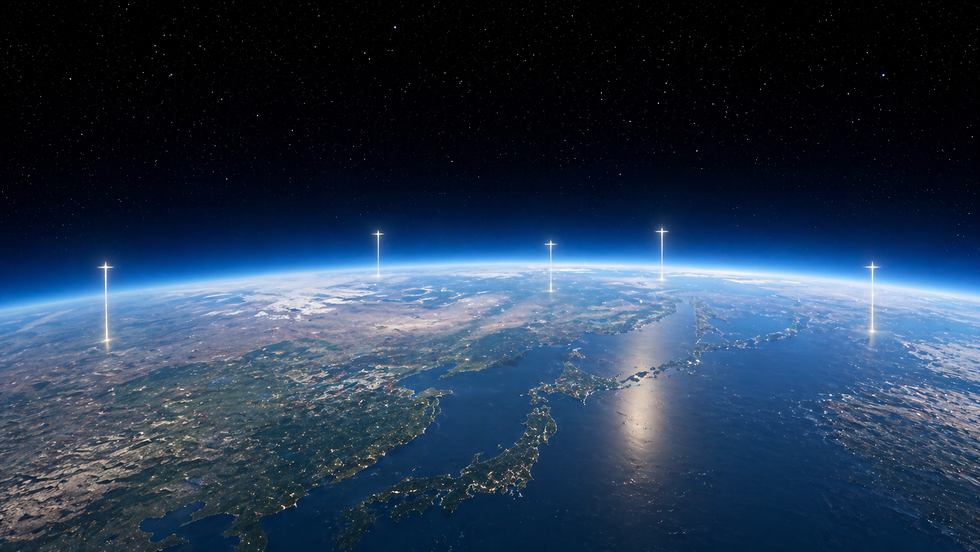 成層圏から見た雲のない地球と、日本海からユーラシア大陸に広がる景色の上に、白い光の十字がまばらに立つイメージ